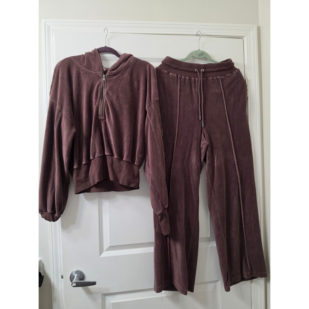 Free People FP Movement Good Karma Ribbed Velour Hoodie & Wide Leg Pants Set XL